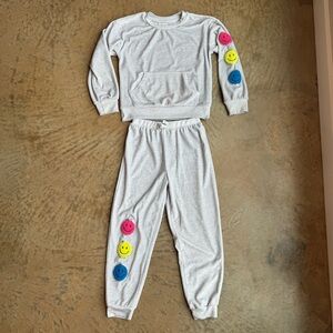 Young Hearts Girls Gray Sweatshirt and Joggers Set with Colorful Smiley Faces